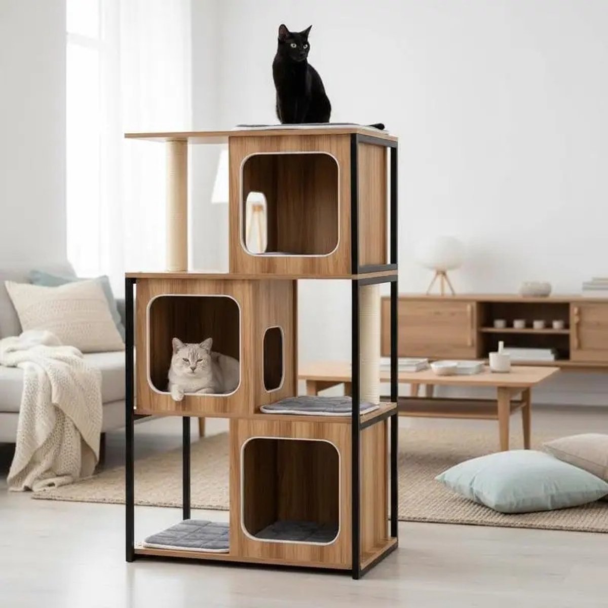 Dailygoods 2-in-1 Krabpaal Kattenhuis 3 Verdiepingen Kattenboom met Verwijderbaar Kussen & Kattenhol