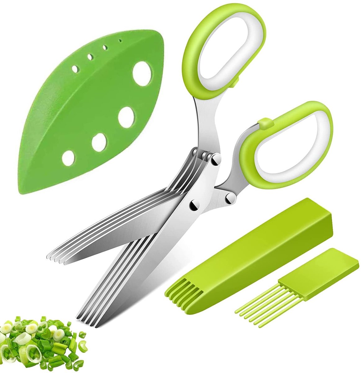 Dailygoods- Kruiden Schaar 5-Bladig - Antislip Grip - Inclusief Schoonmaakborstel - Veiligheidsdeksel - Groene Bladverwijderaar - Comfortabel Gebruik - Keukenschaar