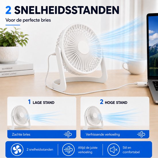 Bureau Ventilator - Mini Bureauventilator - Zuinige Tafelventilator - Kleine USB Ventilator - Kantelbare Statiefventilator - Compacte USB-C Tafelventilator - Fan Geluidloos - Bureau Airco - Desk Fan - Deskventilator - Wit - Silvergear