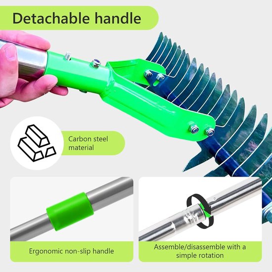 bladhark, verticuteerhark met 1,3 m lange steel, 2-in-1 onkruidhark en verticuteerhark, tuingereedschap, efficiënt voor het reinigen van planten, gazon — afbeelding 2