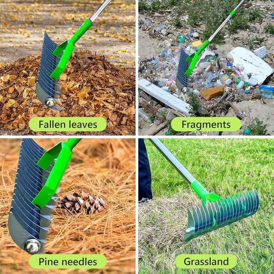bladhark, verticuteerhark met 1,3 m lange steel, 2-in-1 onkruidhark en verticuteerhark, tuingereedschap, efficiënt voor het reinigen van planten, gazon — afbeelding 4