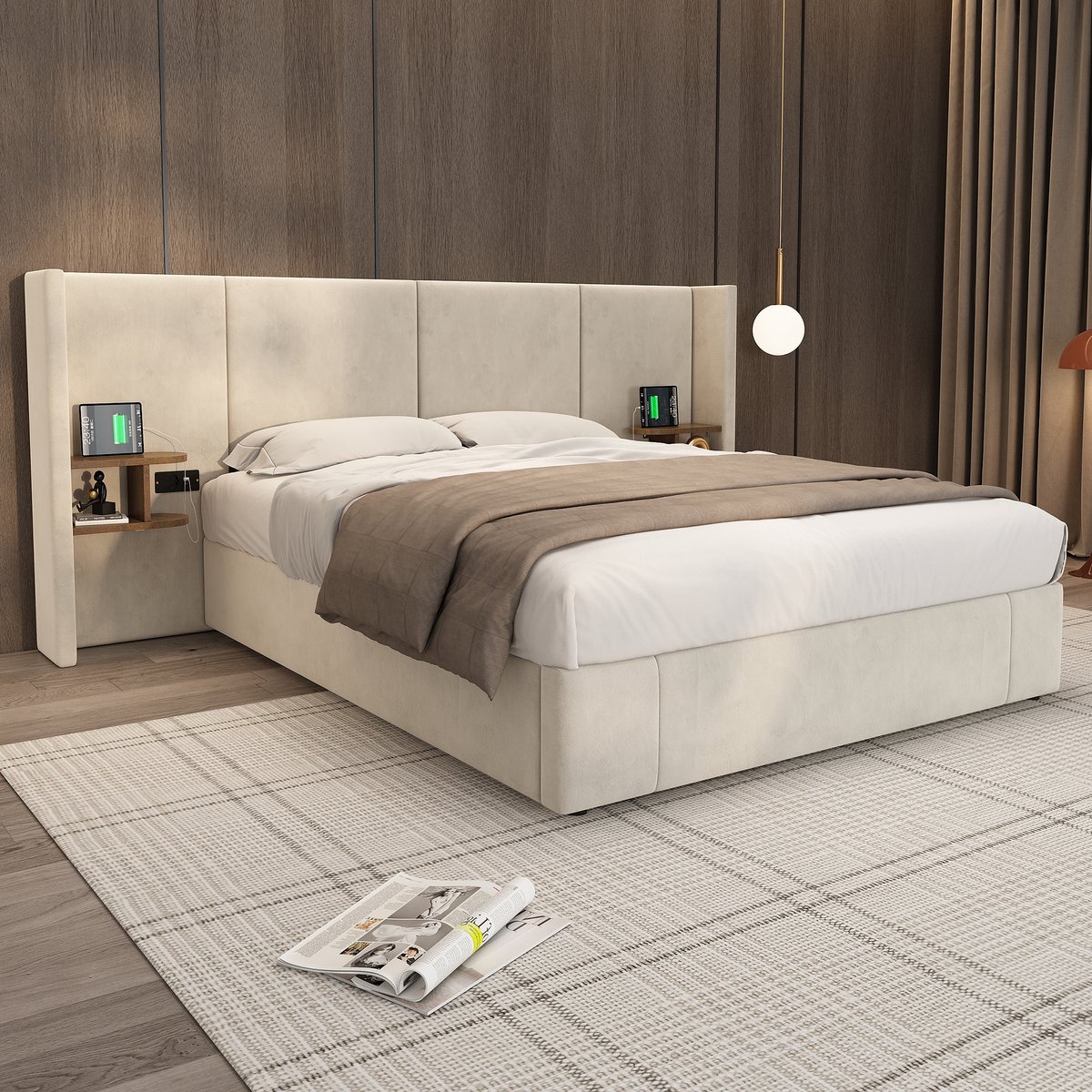 DESMIU Gestoffeerd Bed 160x200cm – Hydraulisch Opbergbed Met Oplaadpunten – Met 2 Nachtkastjes En Bed Opbergruimte – Slaapkamer – Fluweel – Beige – Zonder Matras