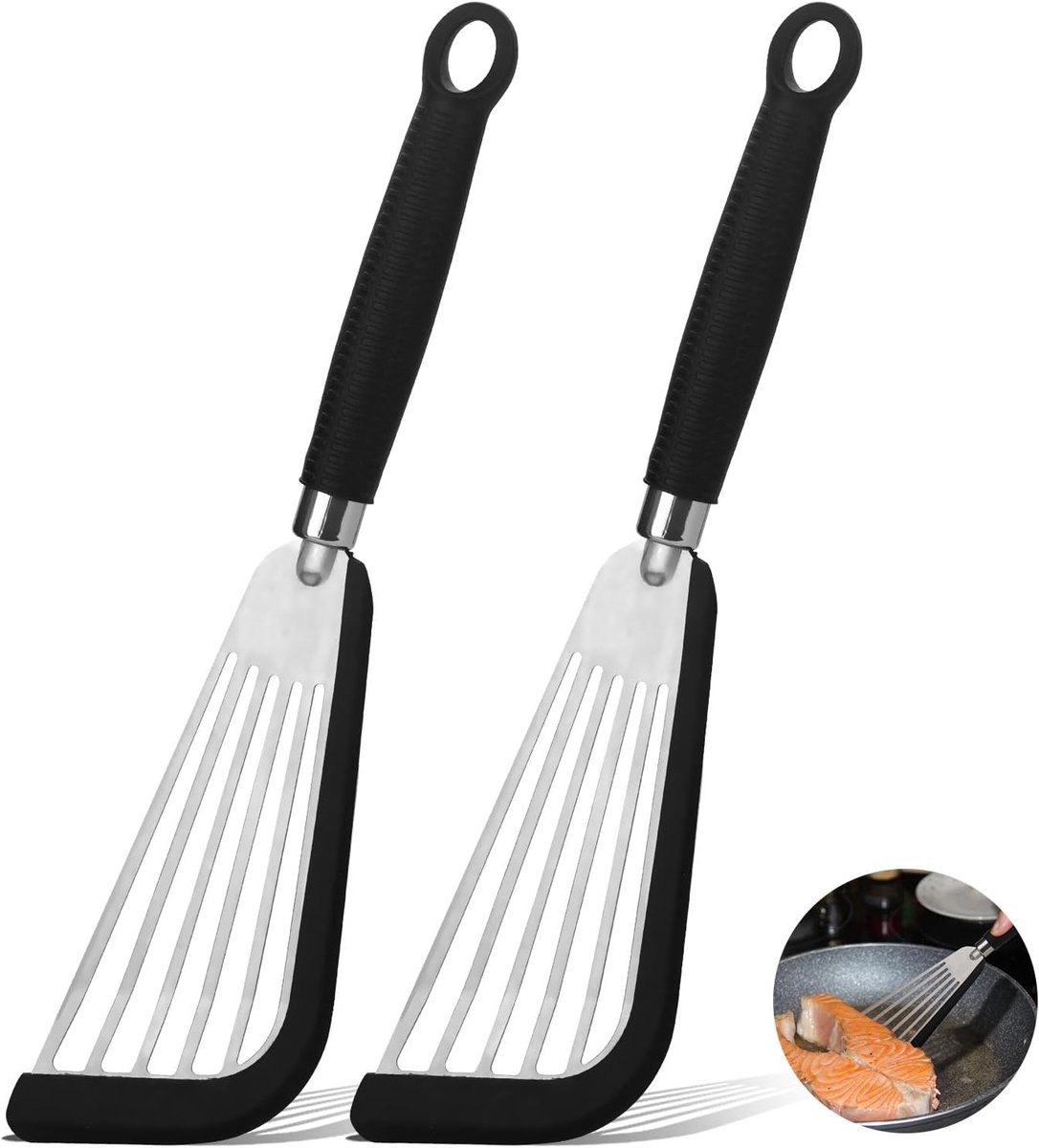 viswender, spatel roestvrij staal, keukengerei, hittebestendig en flexibel, voor antiaanbaklaag kookgerei, vis, ei, steak, pannenkoeken, siliconen handvat - zwart, 2 stuks