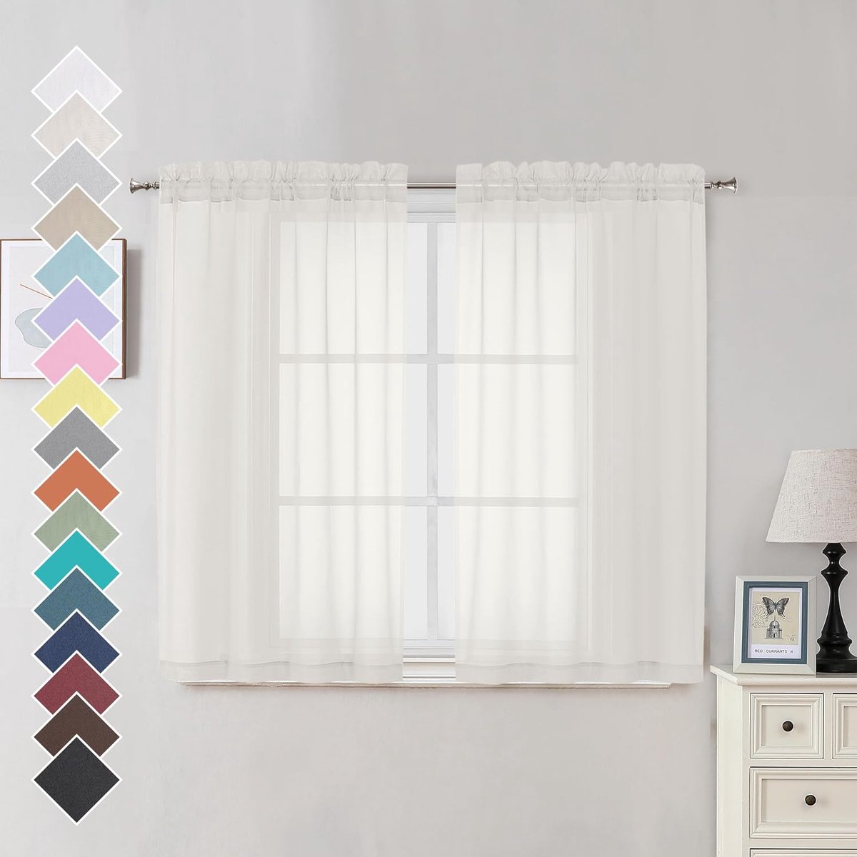 Doorschijnende gordijnen ivoor 114 cm lange keukengordijnen, roedezak schoon zelfkant voile raambehandelingen, 2 panelen = 213 cm breed.