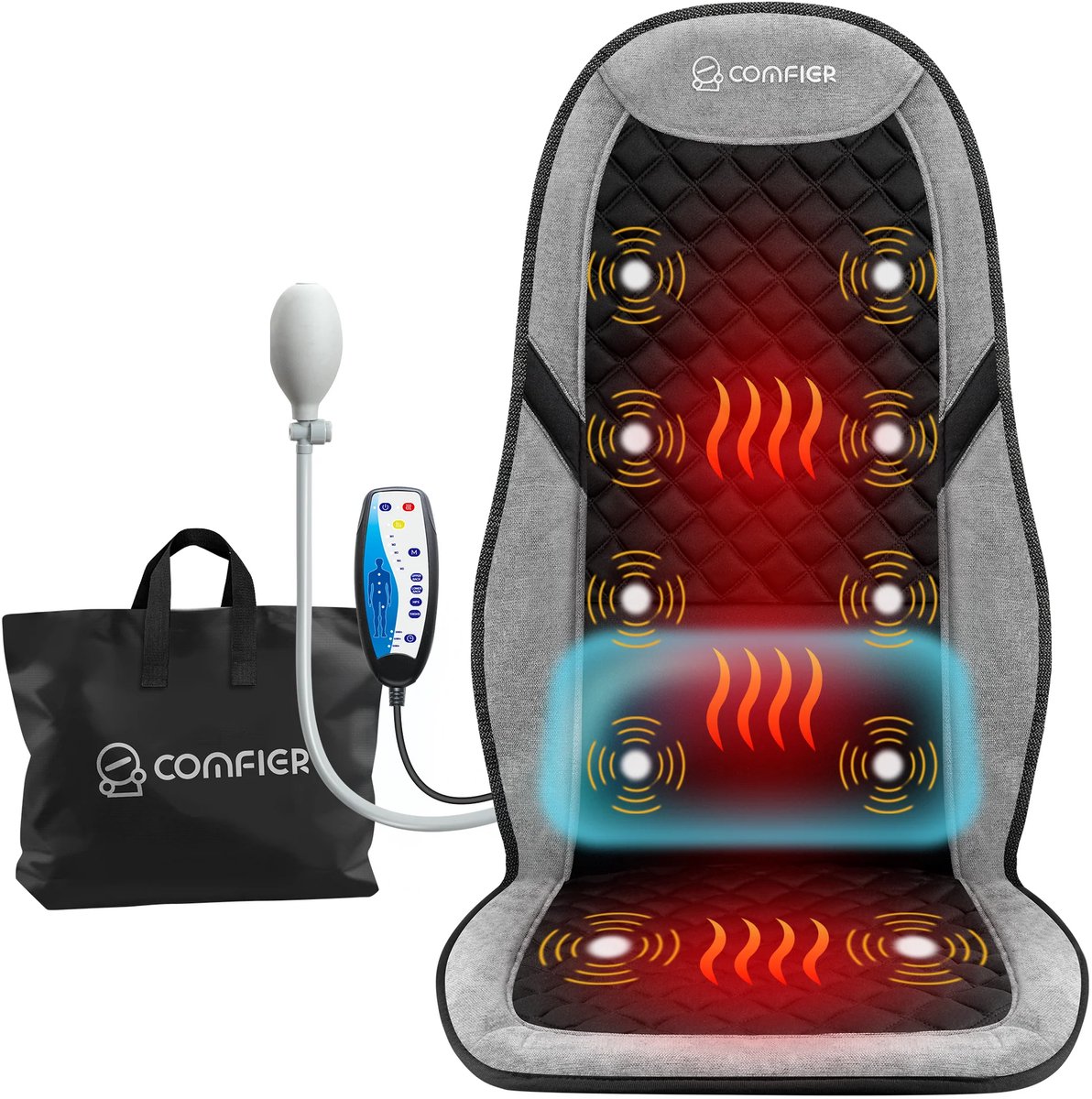 Massagekussen - 10 Motoren - Warmtefunctie - Lendensteun - Grijs