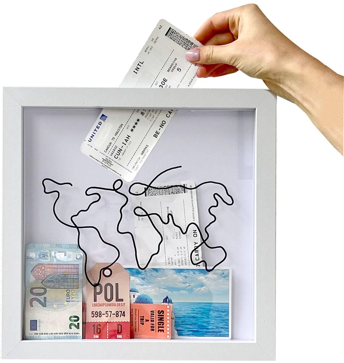 archiefdoos, herinneringsdozen voor aandenken, schaduwdoos voor reizen, voor tickets shadow box voor tafelblad wandmontage, wereldkaart mecento frame (groot, 29 x 29 cm)