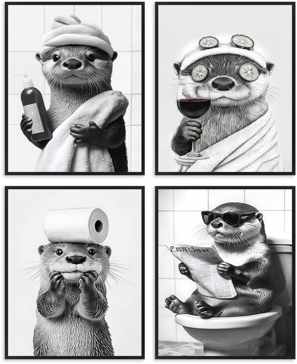 4-delig Grappige Otter Badkamer Set, Retro Zwart-Wit Otter Canvas Prints WC Badkamer 20x25 cm Niet Ingelijst