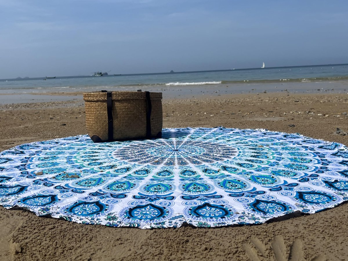 Ronde Stranddoek - Boho Tapijt - Picknick en Yoga - 100% Katoen - 178 cm Diameter - Wit Blauw