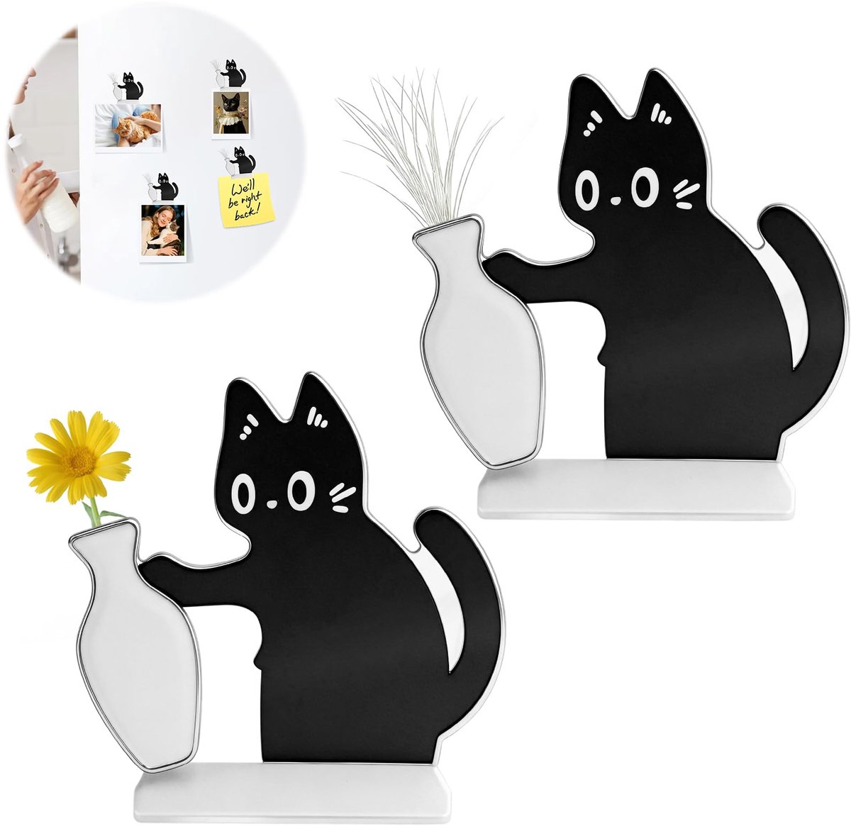 kattenvaas, schattige zwarte kattenvaasmagneet, mini-vazen, magneten, koelkast, kattenwhiskervaas, voor woonkamer, keuken, koelkastaccessoires, bureau, kantoor