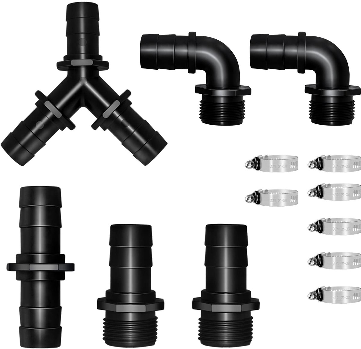 Slangverbindingsstukkenset, slangverbinders, 1 inch, Y-verdeelstuk, 90° hoek slangtule, slangtule, met slangklemmen, zwembadslangadapter