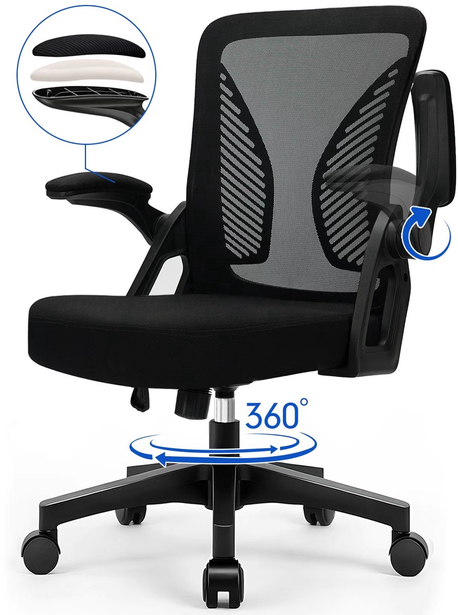 Milacyee Bureaustoel - Ergonomische Bureaustoel - Office Chair - Bureaustoelen voor Volwassenen - Computerstoel met Mesh Rugleuning & Lendensteun - 90° Opklapbare Armleuningen - Stille Wieltjes - Tot 102 kg, Zwart - Geschikt voor Thuiswerk en Kantoor
