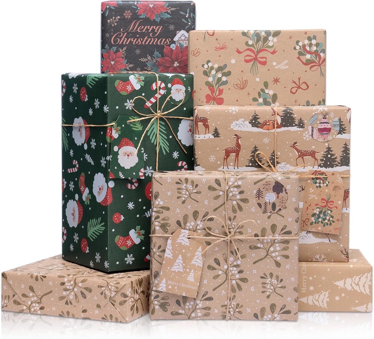 Kerstcadeau inpakpapier met stickers, cadeaukaart, dubbelzijdige tape en bindtouw - 6 vellen van 70 x 50 cm voor verjaardagen en feestelijke gelegenheden