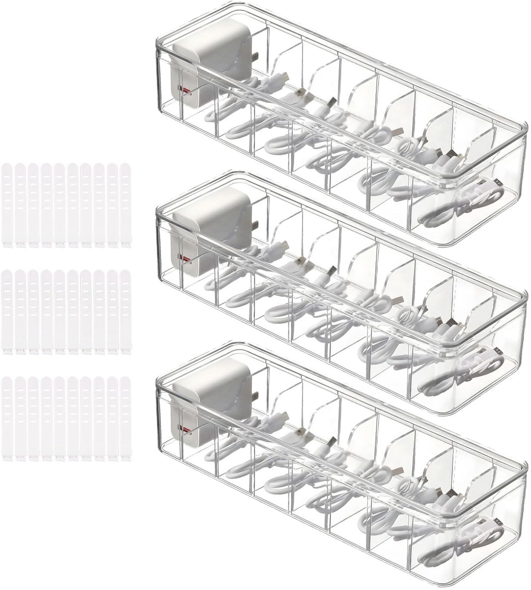 3 stuks kabelopbergdoos, transparante kabelorganizerbox met 8 afneembare vakken en 30 kabelbinders, kabelmanagementbox voor het opbergen van kabels op het bureau