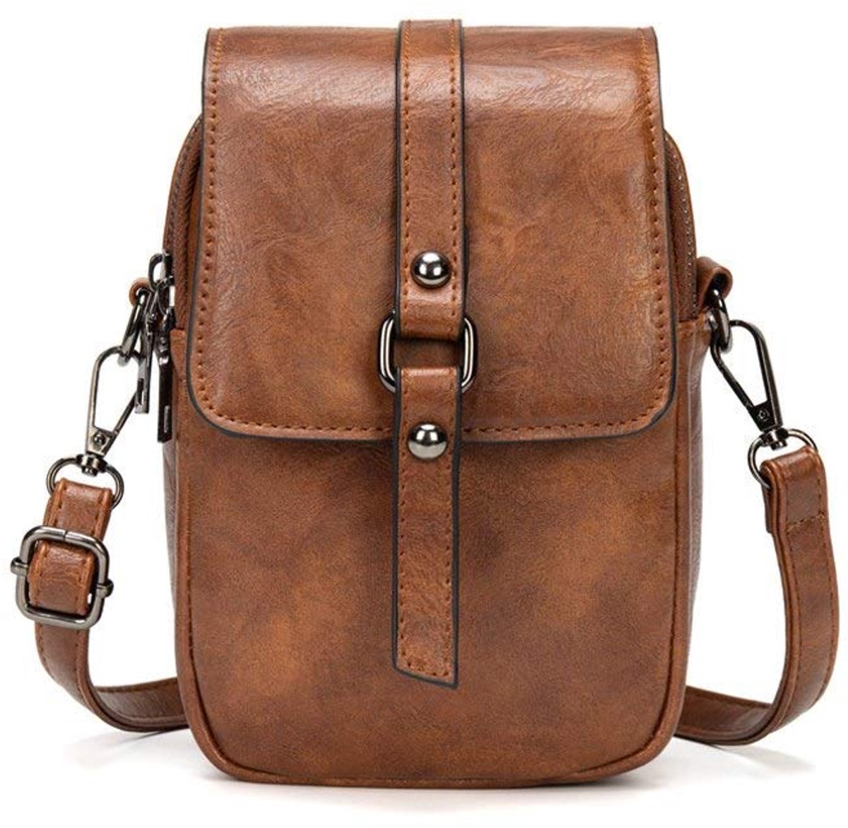 Dames Crossbody Telefoontas – Vintage PU Leren Schoudertas – Mobiele Telefoon Tas met Verstelbare Schouderriem – Compacte Handtas – Bruin