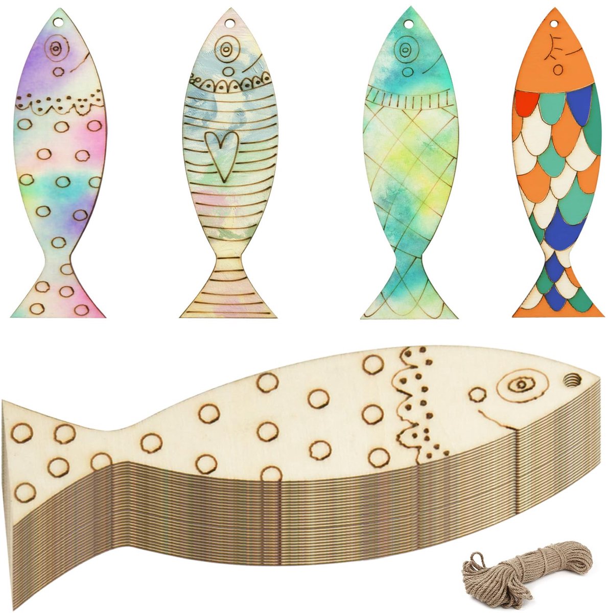 Houten Vis Decor Uitknipsels, 4 Stijlen Diy Houten Ambachten Om Vormen te Schilderen voor Diverse Dierlijke Decoratie Liefhebbers, Houten Ornamenten Draag Henneptouw en Kan Gepersonaliseerd word