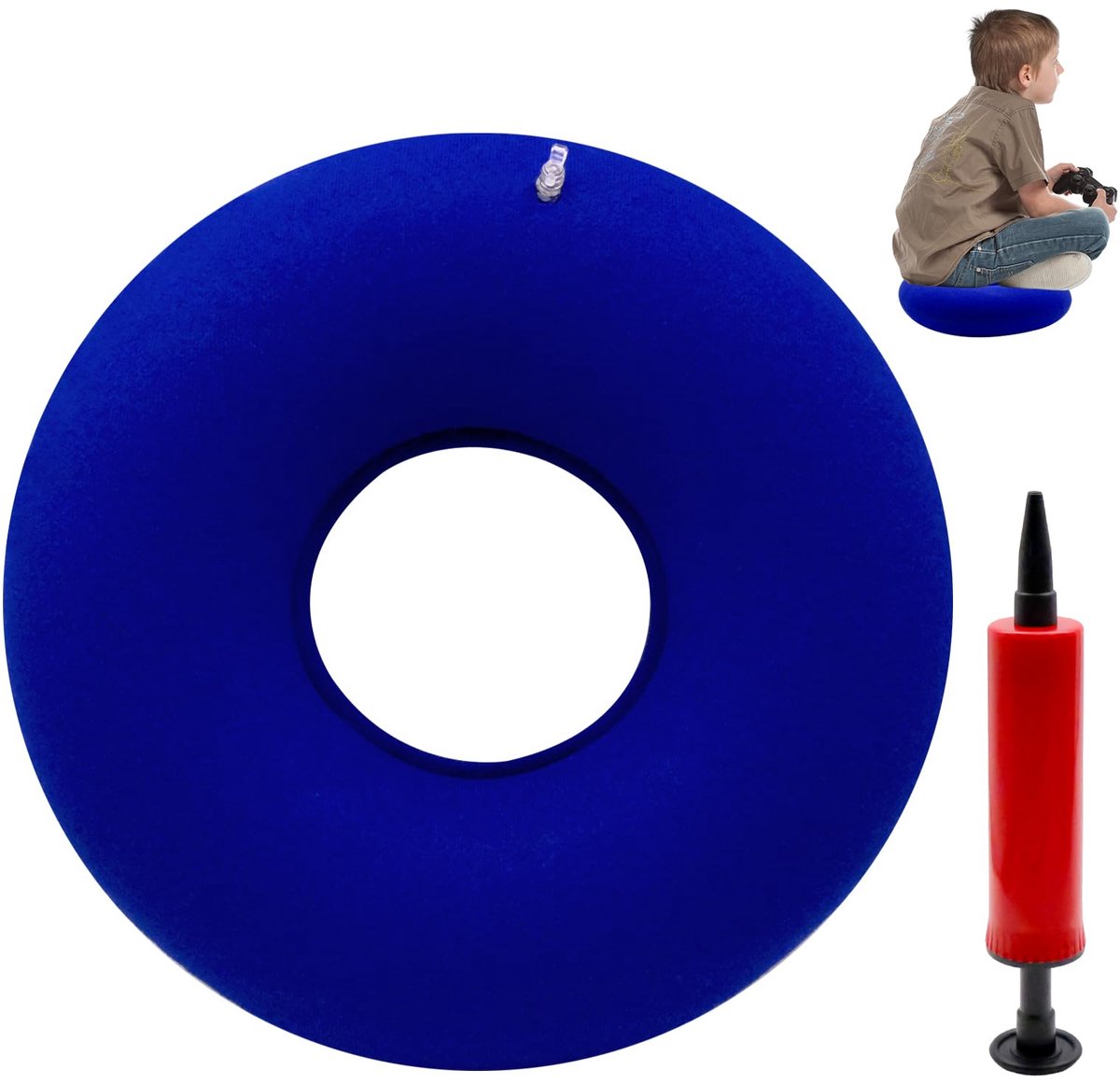 Opblaasbaar donutkussen 40 cm met handpomp, zacht ringzitkussen voor drukontlasting tijdens het zitten of liggen, reisluchtkussen voor stoel, auto, thuis of neksteun (blauw)