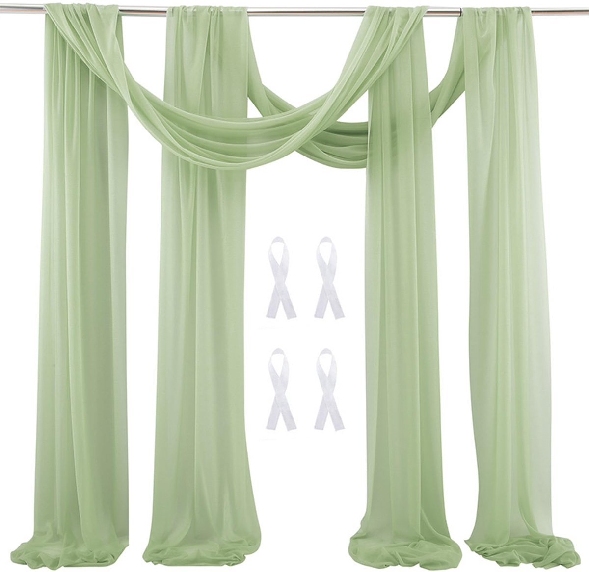 Gordijnen, achtergrond, 2 stuks, 75 x 600 cm, voile gordijn, chiffon, draperie voor het ontwerpen van de bruiloftslocatie, bruiloftsboog, decoratie, saliegroen