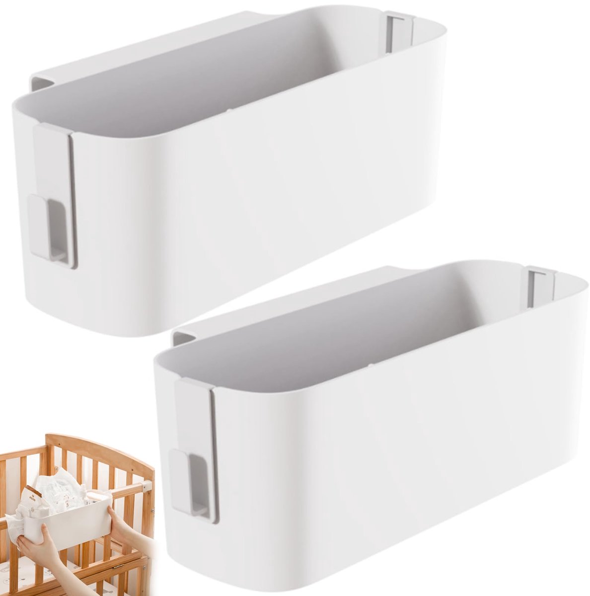 2 stuks bedorganizer om op te hangen met afneembare haken, hangbed, opbergmand van hoogwaardig PP-kunststof, multifunctionele nachtkastorganizer voor mobiele telefoon, babybed, kantoor, wit