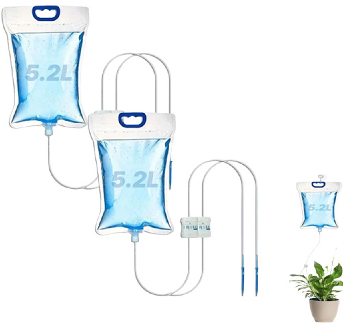 2x Planten druppelirrigatie – Druppelirrigatiesysteem met een capaciteit van 5,2 liter – Planten druppelirrigatie - Automatisch beregeningsapparaat - Regelbare waterstroom - Geschikt voor kamerplanten en balkonbeplanting – Transparant