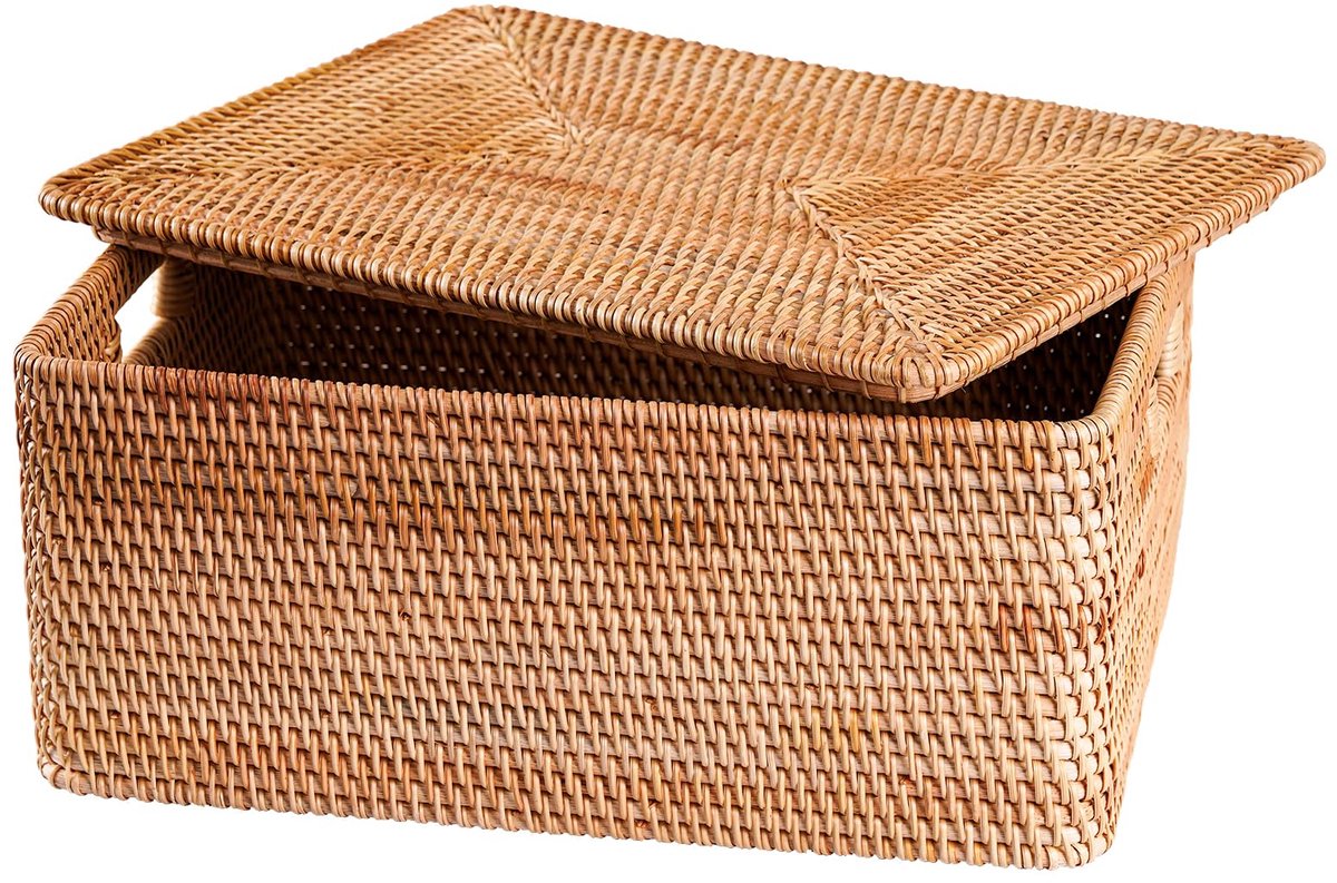 mand met deksel, grote mand met deksel voor opslag vierkante rotan doos (11,8 "L×7,87 "W×5,91 "H)