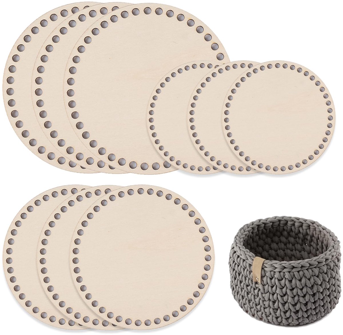 Mandbodem van hout, voor haken, 9 stuks, voor haken, zakbodem voor ronde houten vloer, cirkel, blank, natuurhouten mand, mandbodem, hout, voor doe-het-zelf handwerk, mand haken (10/15/20 cm)