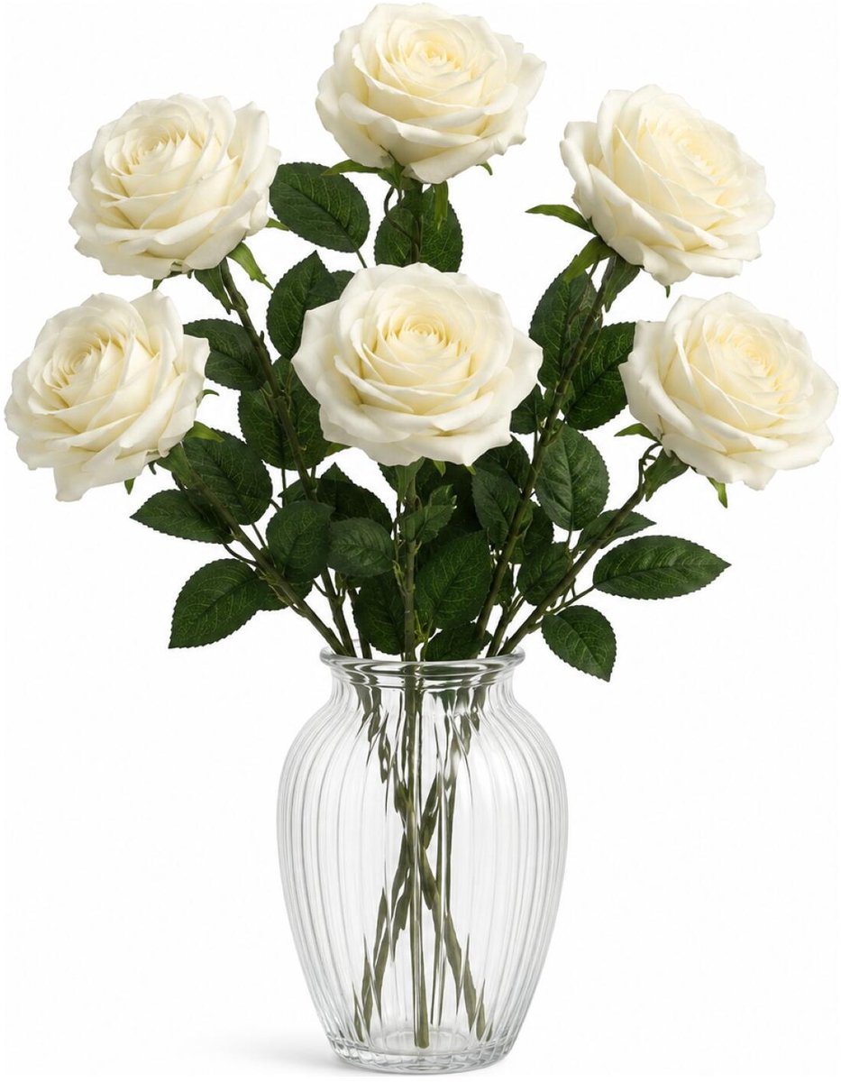 Bellatio Design Kunstbloem Roos Dijon - 6x - 64 cm - creme wit - zijde kunstbloemen - Boeket - stelen - rozen