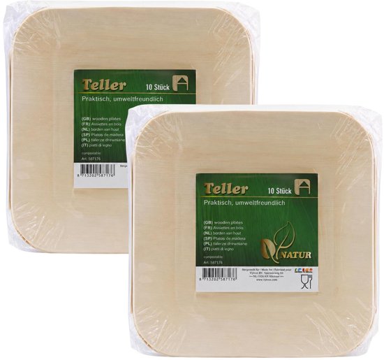 Twee stapels van 10 vierkante beige houten wegwerpbordjes in doorzichtig plastic verpakt.
