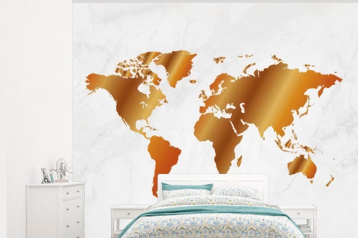 Behang - Fotobehang Wereldkaart - Marmer - Goud - Breedte 325 cm x hoogte 260 cm