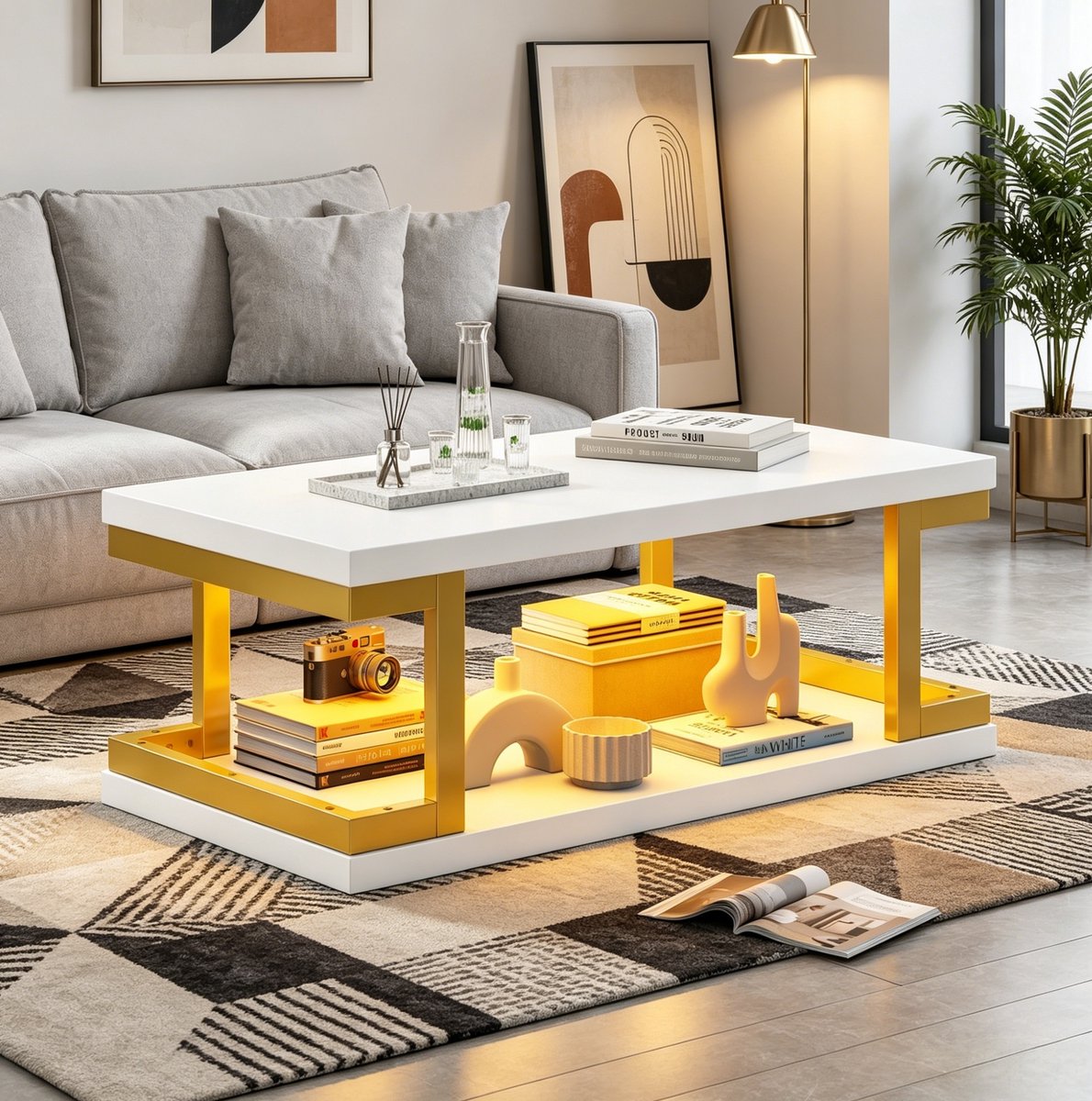 STILVORA Salontafel - Met Ledverlichting En Open Opbergruimte - Voor Woonkamer Of Werkkamer - MDF En Metaal - 100x50x37,5 Cm - Wit;Goud