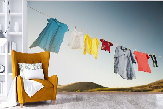 Papier peint Papier peint photo en vinyle - Vêtements femme sur corde à linge largeur 390 cm x hauteur 260 cm - Tirage photo sur papier peint (disponible en 7 tailles)