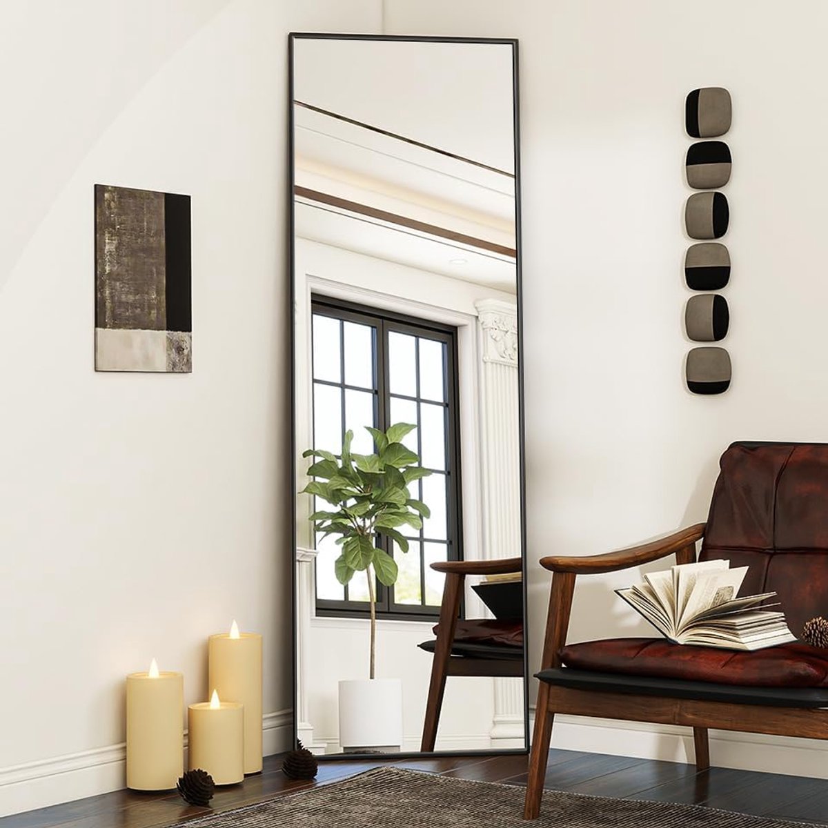 140 × 40 cm staande spiegel, grote full-body spiegel met aluminium frame voor slaap-, woon- en badkamerspiegel, zwart