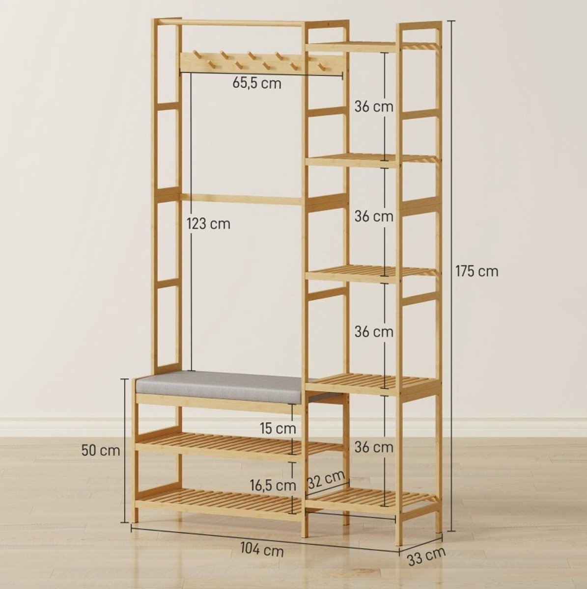 MEUNIQ Kledingrek met schoenenrek, kapstok, 10 haken, 5 open planken en bankje met kussen, bamboe garderoberek voor hal of entree, 104 x 33 x 175 cm, naturel – foto 2
