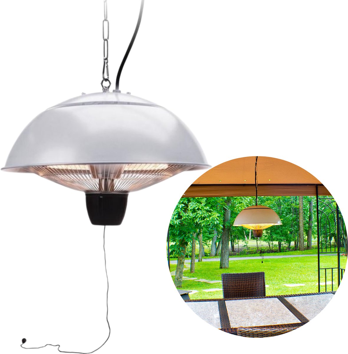 Cheqo® Terrasverwarmer Hangend - Partytent Heater - Terrasverwarming - Halogeen 1500W - IPX4 Waterbestendig - Zilver - Voor Binnen en Buiten