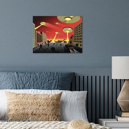 Poster 40x30 cm - Een illustratie van UFO's die een stad aanvallen - Jongens - Meisjes - Kinderen - Kind - Posters - Kamer decoratie - Wanddecoratie woonkamer - Muurdecoratie slaapkamer