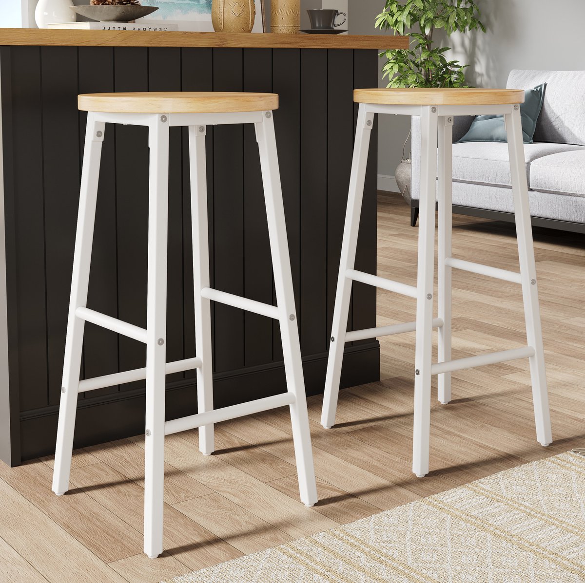 MIVRAY Barkruk 63 cm - Set Van 2 Met Houtlook Zitting En Voetsteunen - Voor Bar En Keukeneiland - MDF En Metaal - Wit