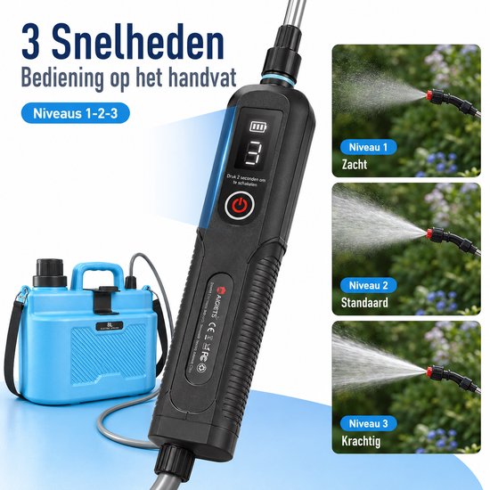 Rosnek Elektrische Drukspuit 8L - Accu Tuinspuit - Onkruidspuit met Lans - 2000mAh Plantenspuit - 3 Sproeistanden - 4 Sproeikoppen - Telescoopsteel 60-80 cm - Voor Tuin, Gazon, Kas & Bemesting van rosnek — afbeelding 2