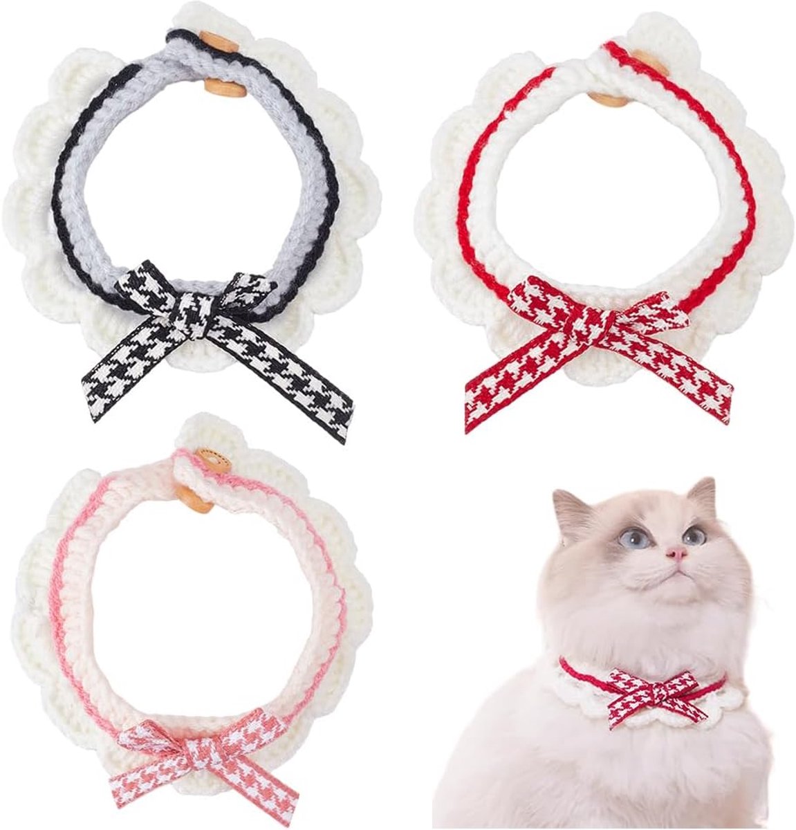 3-delige gebreide kattenhalsbandset, handgemaakte huisdierhalsband met verstelbare strik, handgeweven halsband in zwart, roze en kersenrood, kattenhalsband met strik van vezels, handgeweven sjaalhalsband, kattenhalsband.