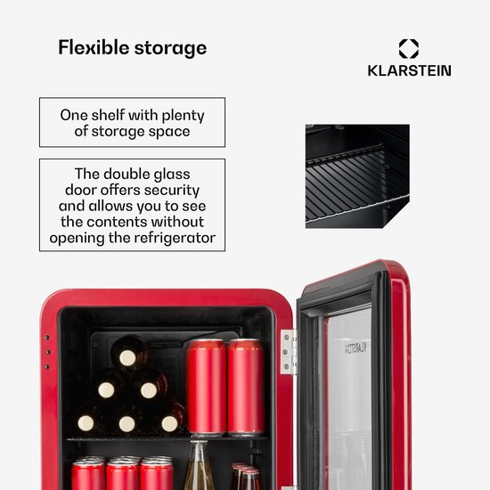 Klarstein PopLife Drankenkoeler - Minibar, Retro Koelkast, 0-10°C, slechts 39 dB, 48 L, milieuvriendelijk, dubbelwandige deur, retro design, rood van Klarstein — afbeelding 4