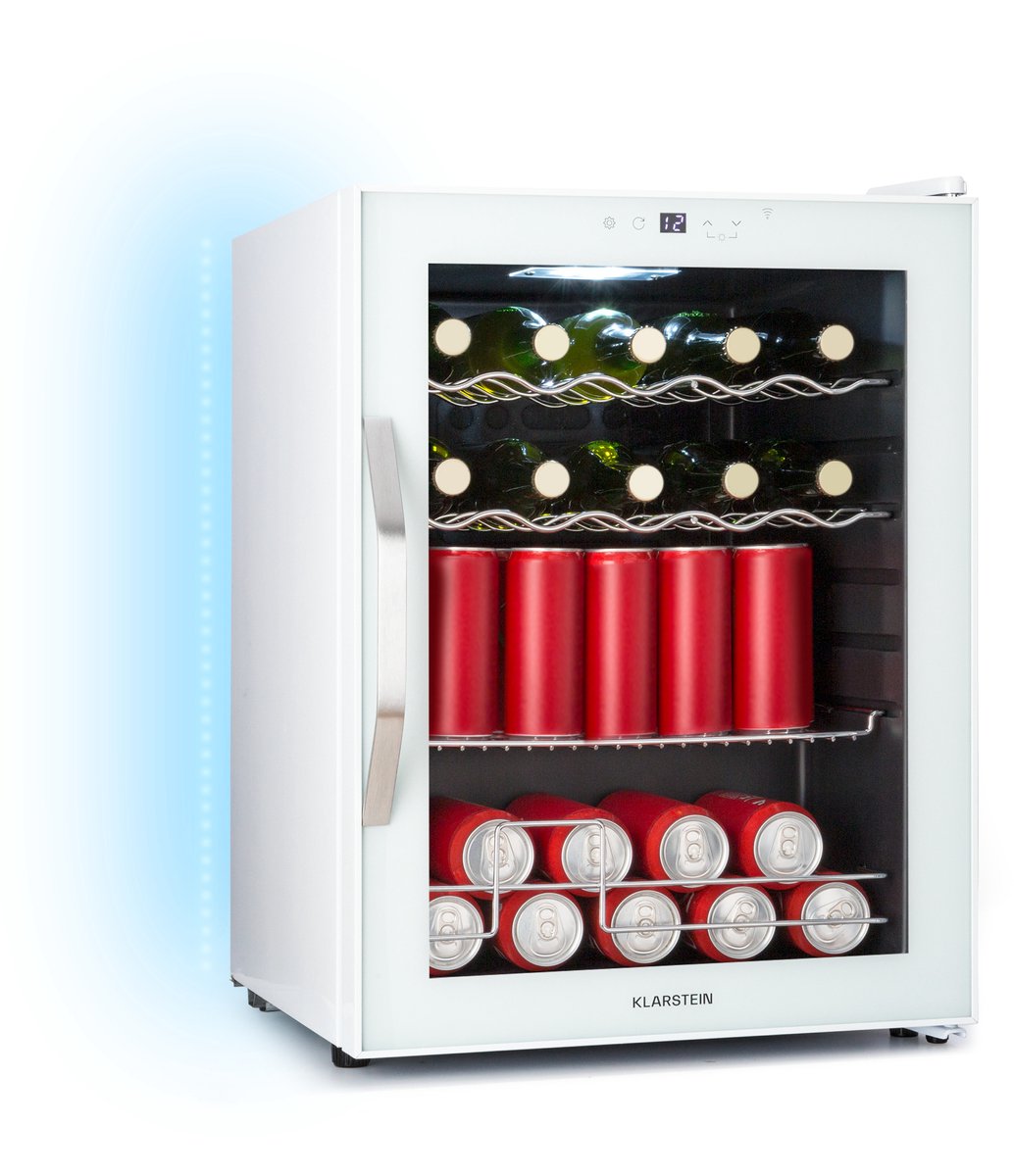 Klarstein Drankkoeler Coachella 60 Drankenkoelkast – 60 liter met wifi, glazen deur, LED-binnenverlichting, 3-18 °C, 7 lichtkleuren, 3 metalen schappen, energie-efficiëntieklasse E, wit – Drankkoelkast – Touch – RVS – Drankenkoeler