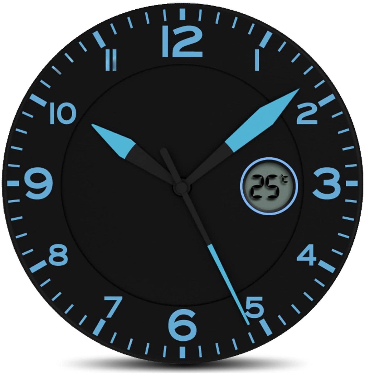 Wandklok met lcd-thermometer, modern design, blauw, 25,4 cm, grote wijzers en leesbare cijfers, binnentemperatuurweergave, ontspannende decoratie