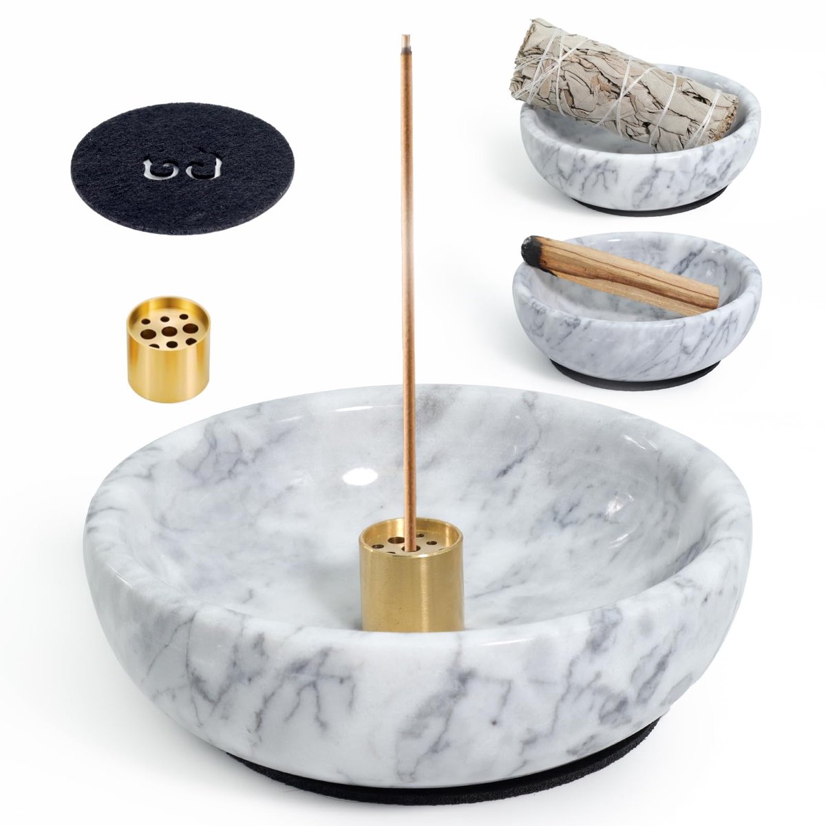 Marmeren Wierookhouder met 9-Gats Messing Houder, 12cm Luxe Marmer Wierookschaal en Asvanger voor Wierookstokjes, Palo Santo en Witte Salie - Wit