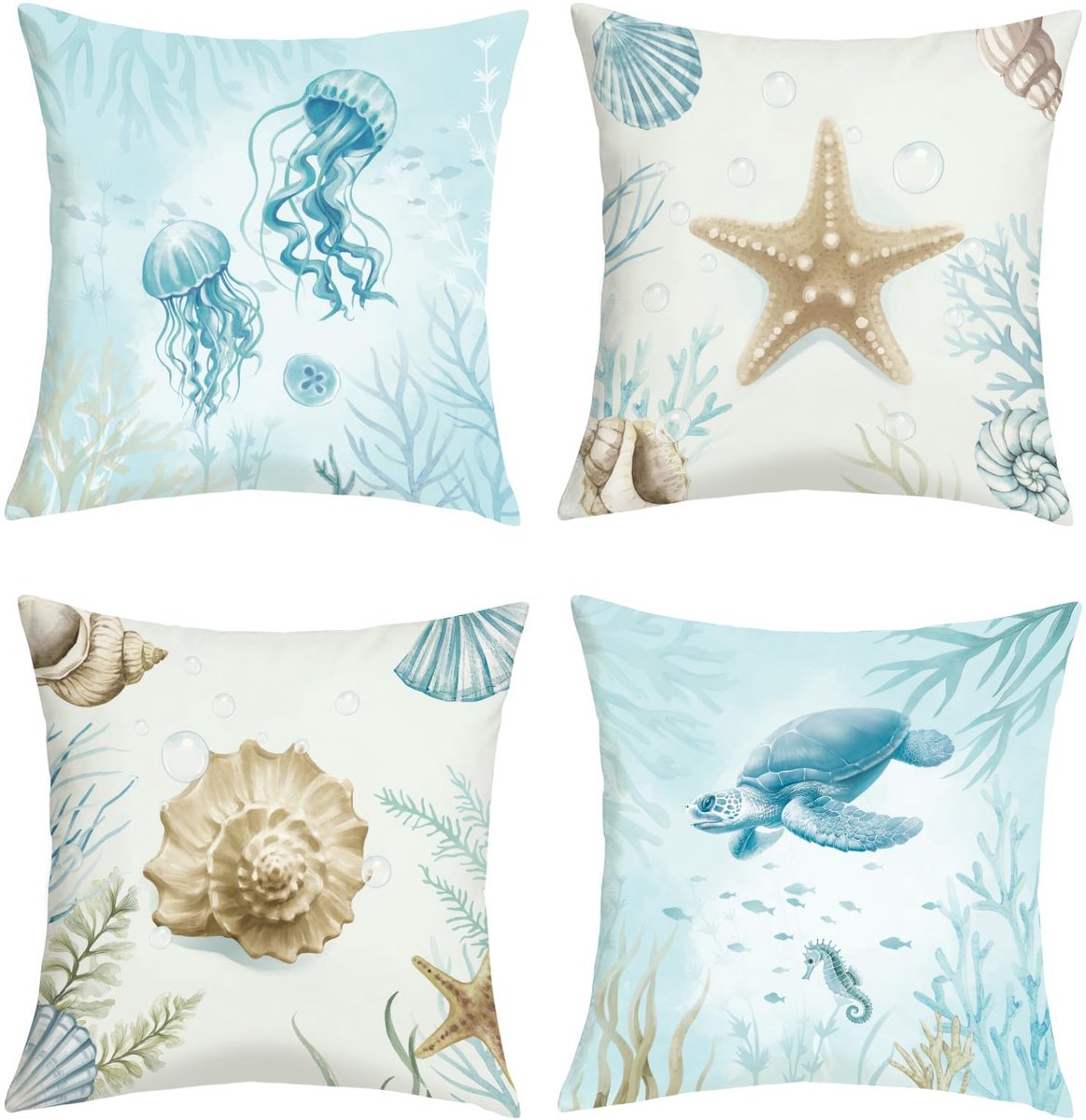 40 x 40 cm, 4 stuks, zomer, oceaan, blauw, zeeschildpad, kussenslopen, schelp, kwal, zeester, decoratief kussen voor bank, woonkamer, stoel