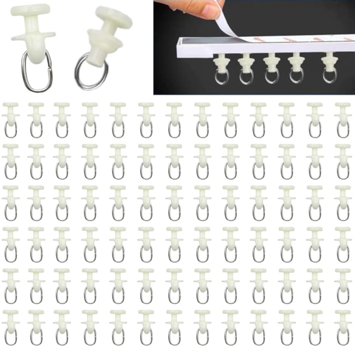 SnelShoppen - 100 Stuks Witte Plastic Gordijnhaakjes met Binnenrail Rollen 11mm Diameter Voor Gordijnen en Douchegordijnen met Railsysteem