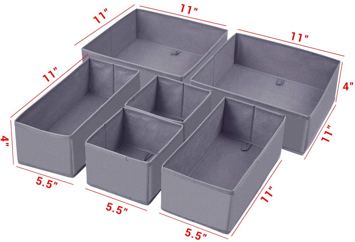 Opvouwbare doek opbergbox kast dressoir lade organizer kubus mand bakken containers verdeler met laden voor ondergoed, bh's, sokken, stropdassen, sjaals, set van 6, grijs