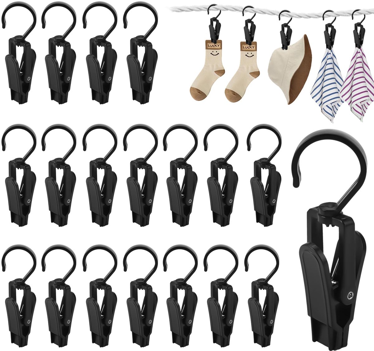 20 stuks zwarte wasknijpers - Ophanghaken voor laarzen - 360° draaibaar - Van kunststof - Voor kleding, hoeden, gordijnen, strandlaken