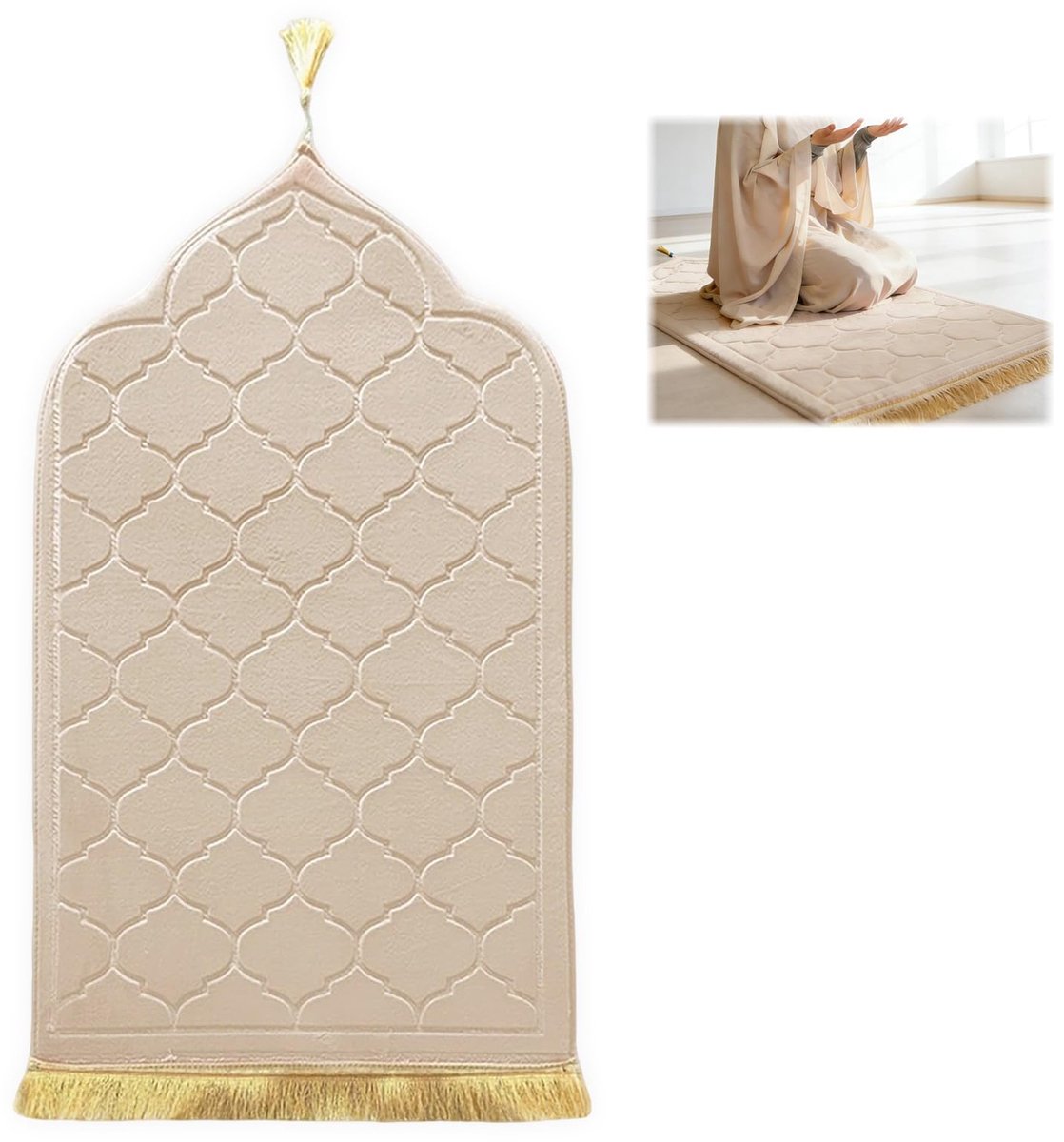 Gebedskleed Gepolsterd, Draagbaar Gebedskleed Dikke Stof, Zacht Islamitisch Tapijt voor Vrouwen & Mannen - Gebedsmat, Islamitisch Cadeau (Beige, 65×110cm)