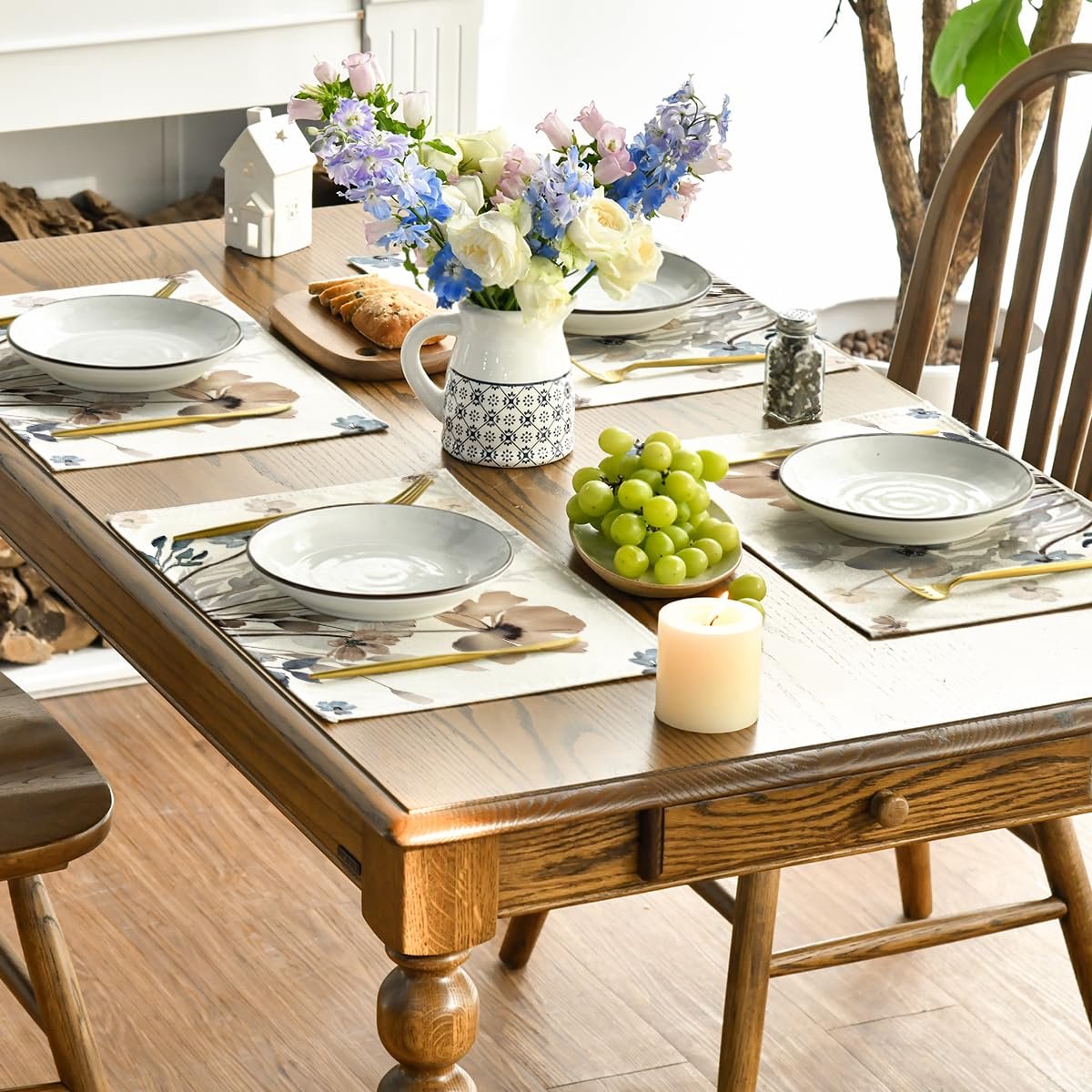 Mode Wilde inkttekening bloemen bladeren lente set van 4 placemats, 30 x 45 cm zomer banket placemats wasbaar placemats keuken party decoratie