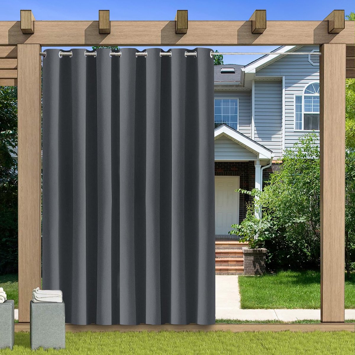 Gordijn, ondoorzichtig, waterdicht, weerbestendig, verduisteringsgordijnen met ringen, inkijkbescherming, zonwering, gordijnen voor patio, balkon, paviljoen, donkergrijs, 1 stuk, 381 x