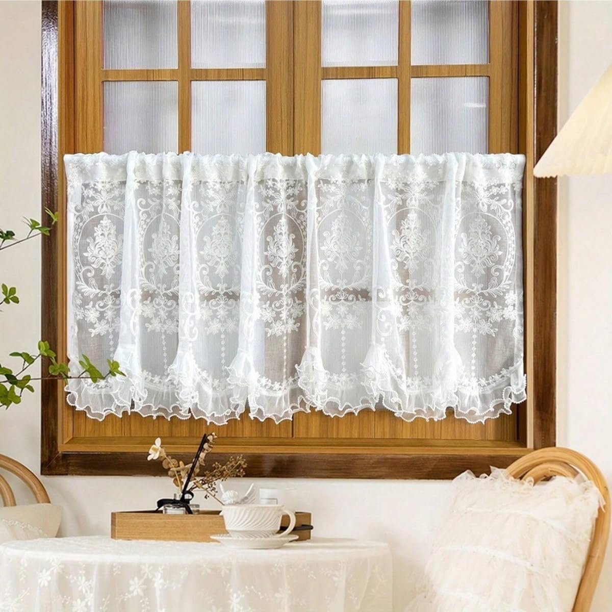Landhuis Stijl Kort Gordijn, Boho Kort Vintage Kant Gehaakte Bloemen Patroon Retro Bistro Gordijnen Klein Raamgordijn Keukendeur, 2 X 0.65M