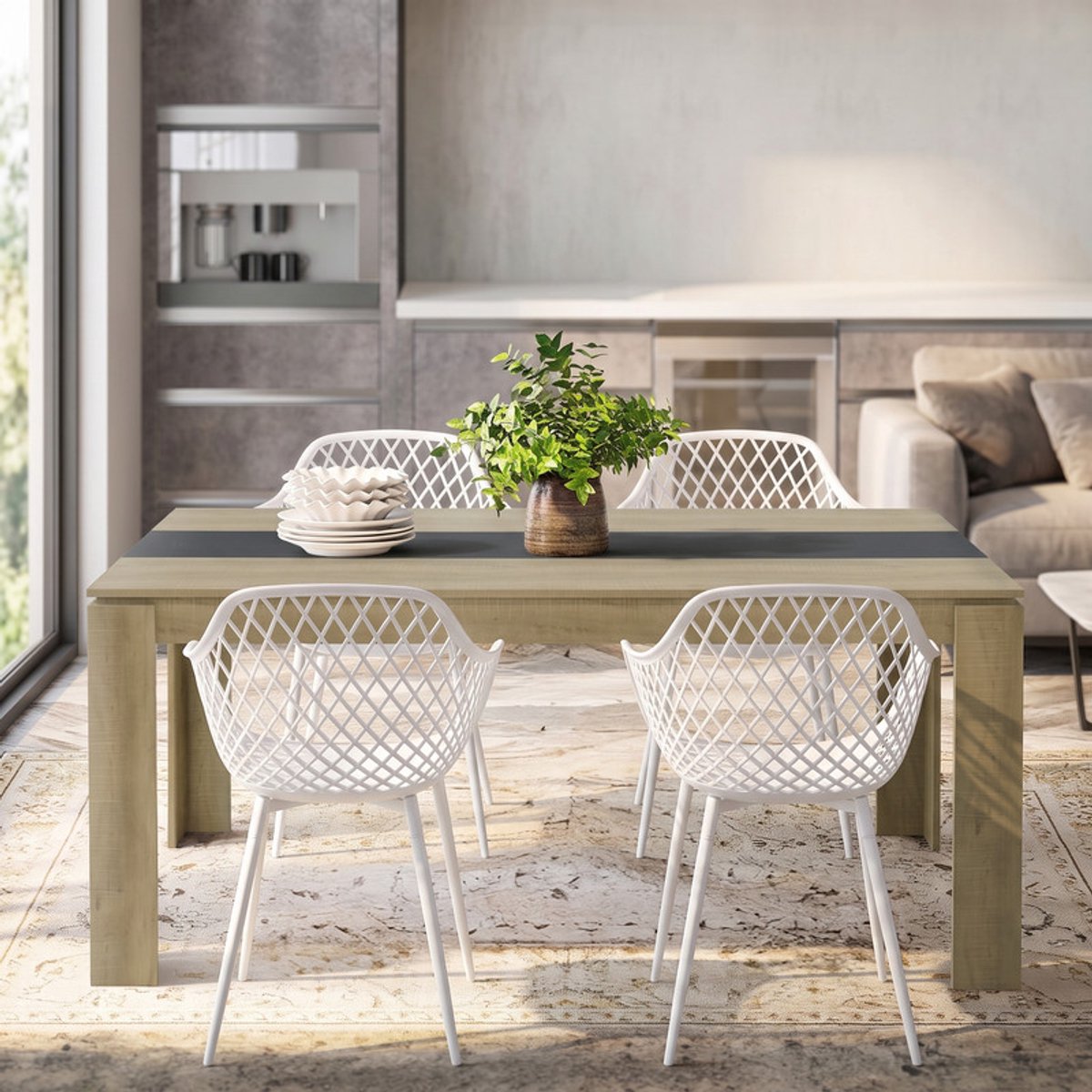 EGGREE 4-delige eetkamerset - tafel- en stoelenset voor 4 personen - inclusief stoelen met armleuningen - geschikt voor keuken - eetkamer of woonkamer (tafel van 160 x 80 x 75 cm + 6 Witte eetkamerstoelen)